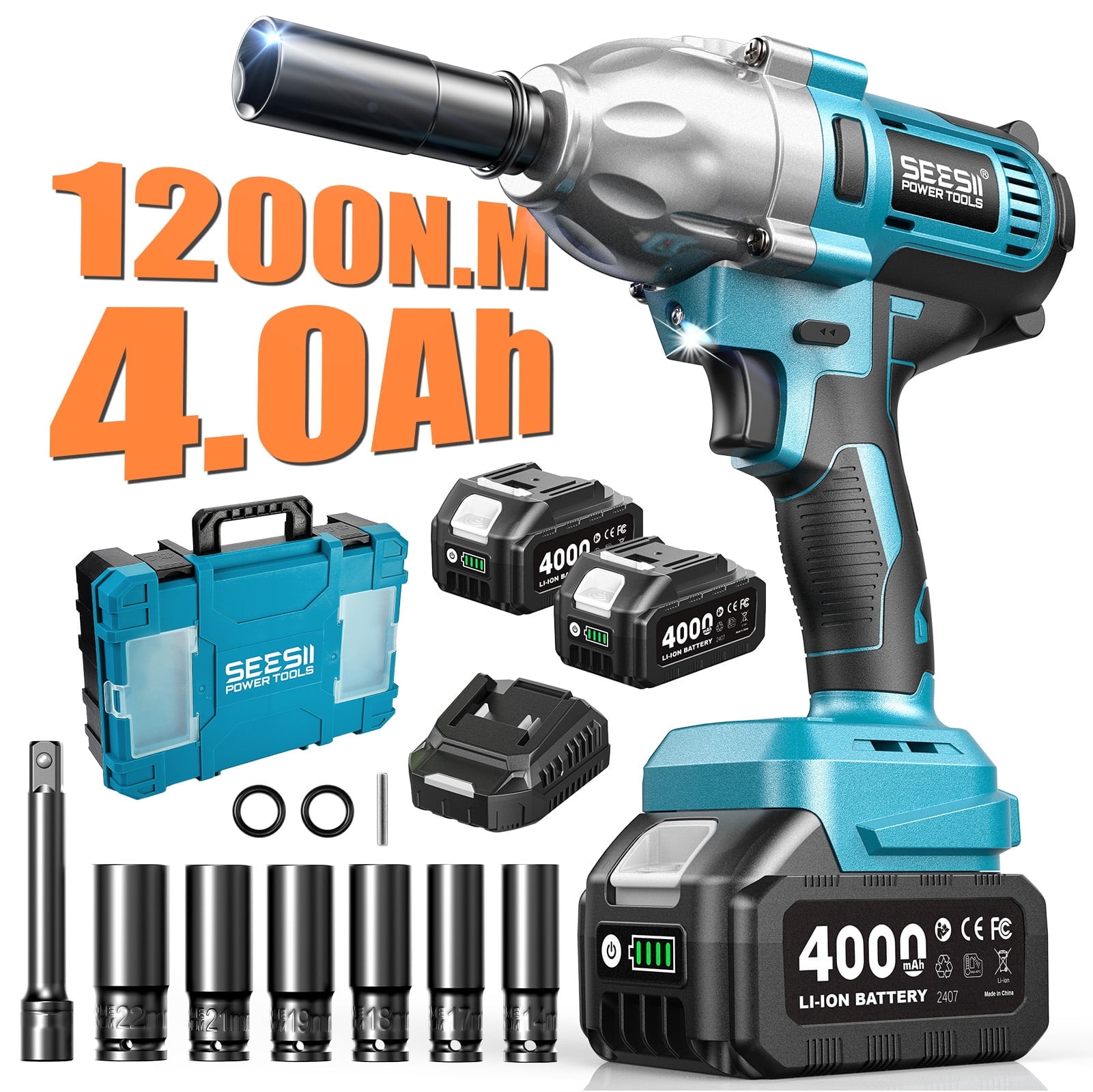 Seesii Cordless Electric Impact Wrench 885 FT-LBS(1200N.m) Bruhless Impact Gun  3300IPM 1/2 High Torque Impact Wrench with 21V 4.0Ah Battery 6 Sockets&Case