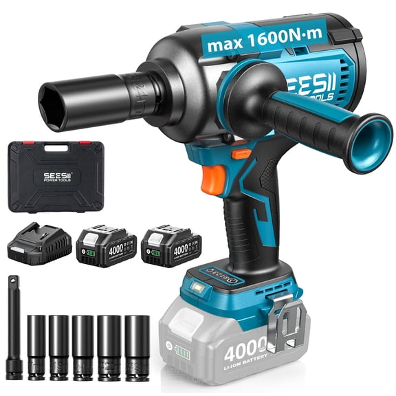 Seesii Cordless Impact Wrench, 1180 Ft-lbs (1600 Nm) 1/2" High Torque Brushless Impact Gun, 21V Power Impact Driver, 2*4000mAh Battery, 5 Sockets, Brushless Motor Variable Speeds