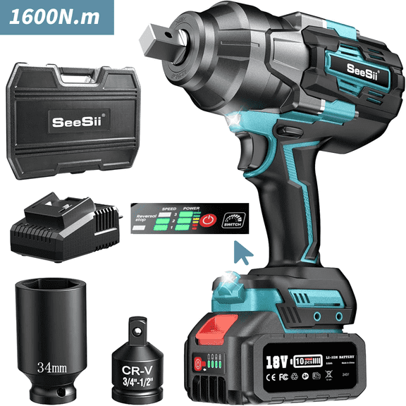 Seesii Cordless Impact Wrench 1180Ft-lbs(1600N.m), 3/4'' 3800RPM Brushless High Torque Impact Gun with 5.0Ah Battery & Fast Charger, Electric Impact Wrench for Tires Change, Automotive Repair, WH1000