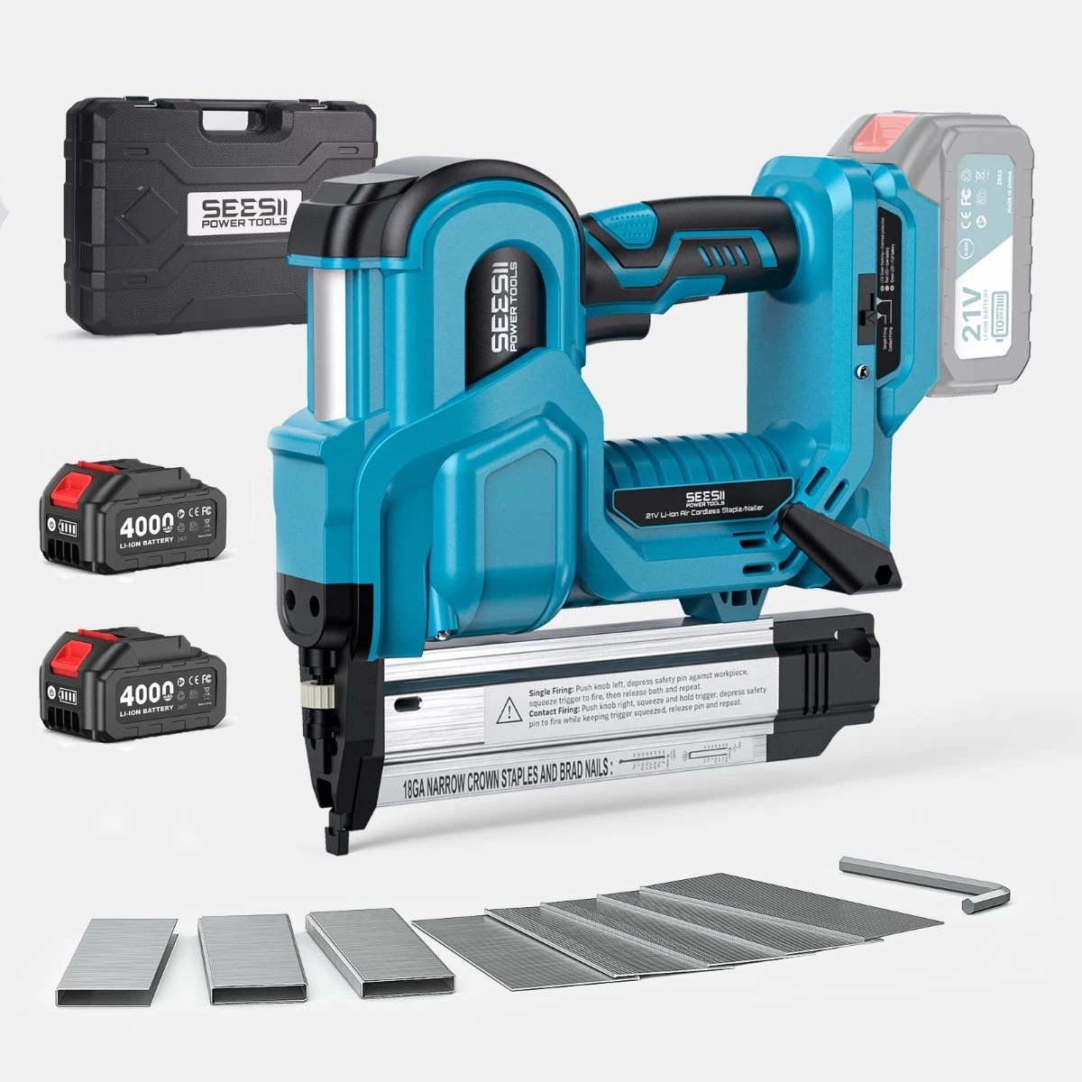 Seesii Cordless Pneumatic Brad Nailer Staple Gun, Electric Nail Gun Battery Powered, 2x4000mah Battery and Charger, 18 Gauge ,Crown Staples 3/4"-1-9/16",Brad Nails 3/4"-2"
