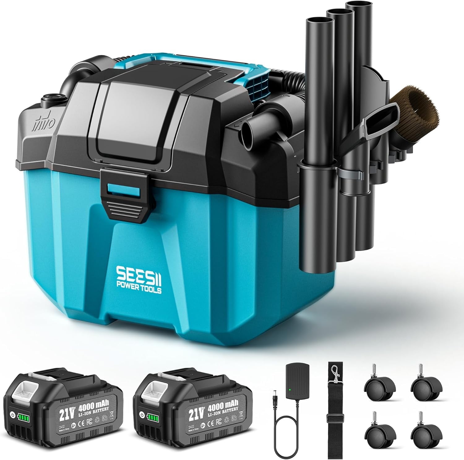 Seesii Cordless Shop Vac Wet and Dry, 2.6 Gallon Small Shop Vac with Accessory Storage Holder, 2 x 4.0Ah Batteries, 3-in-1 Wet Dry Vacuum with HEPA Filter, Strap, Ideal for Garage, Car, Workshop