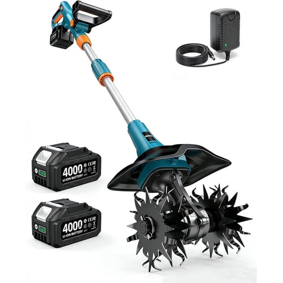 Seesii Cordless Tiller Cultivator Electric Garden Rototiller 2x4000mah Battery , 9In Tilling Width,7In Depth, Battery Powered Tiller for Cultivating