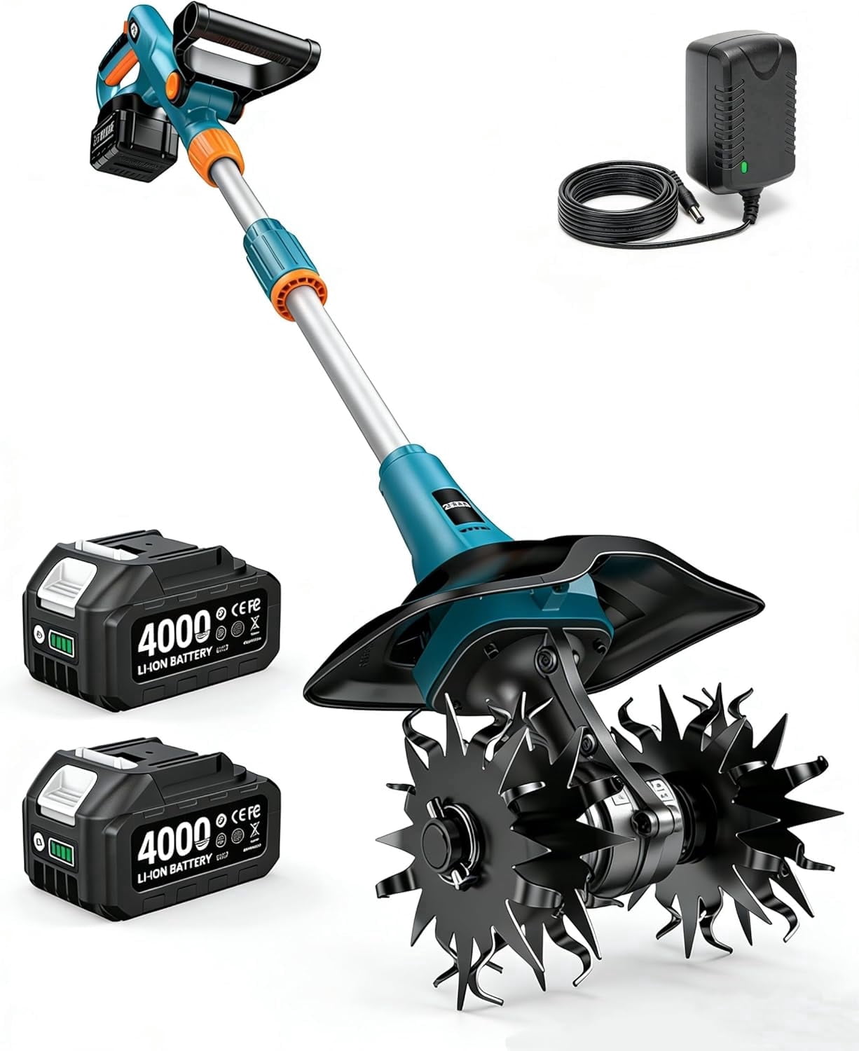 Seesii Cordless Tiller Cultivator Electric Garden Rototiller 2x4000mah Battery , 9In Tilling Width,7In Depth, Battery Powered Tiller for Cultivating