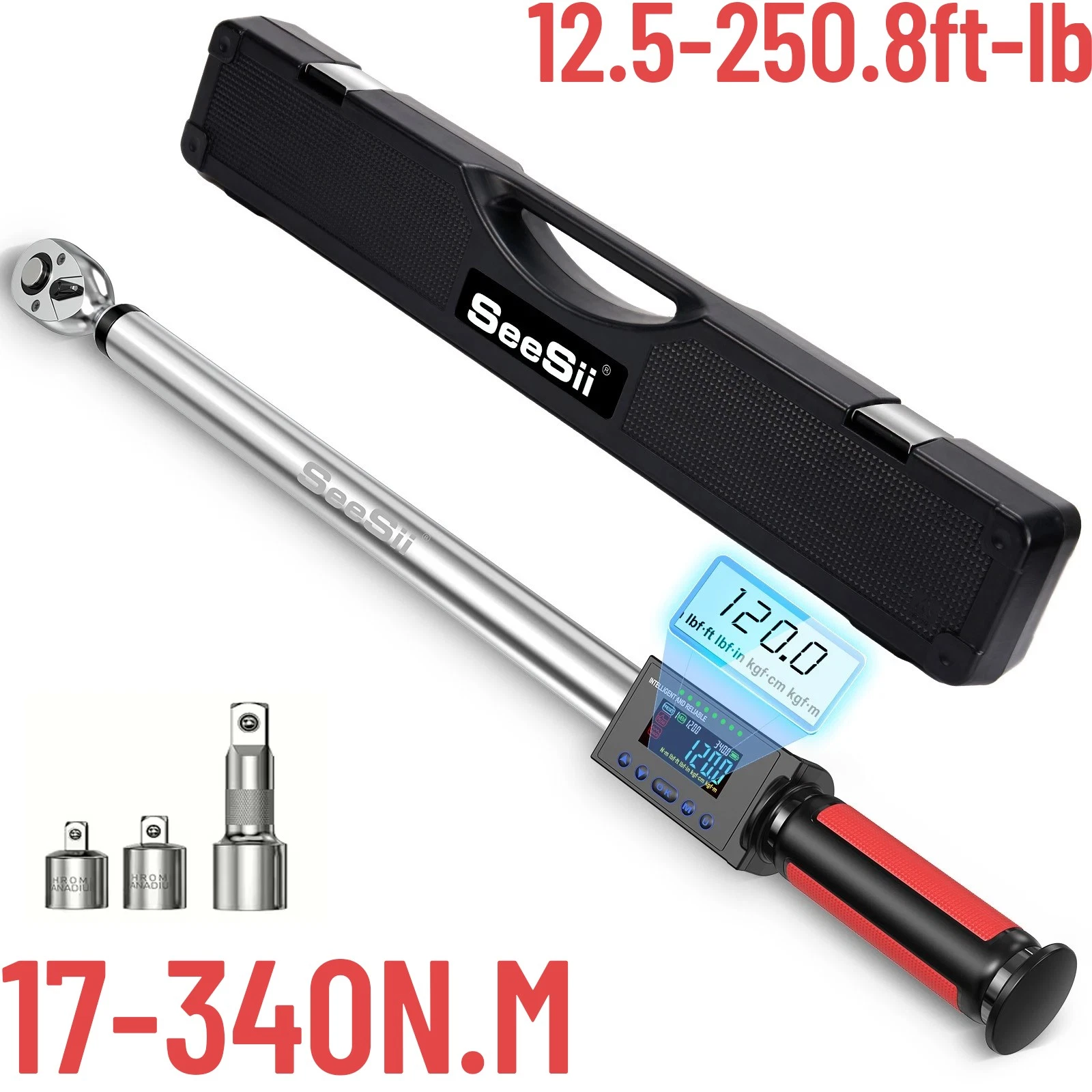 Seesii Digital Torque Wrench 1/2" Drive(12.5-250.8ft-lbs/17-340N.m), 2% Torque Accuracy Electric Torque Wrench with 3 Adjustable Modes, Torque Wrench Digital with Buzzer LED Flash