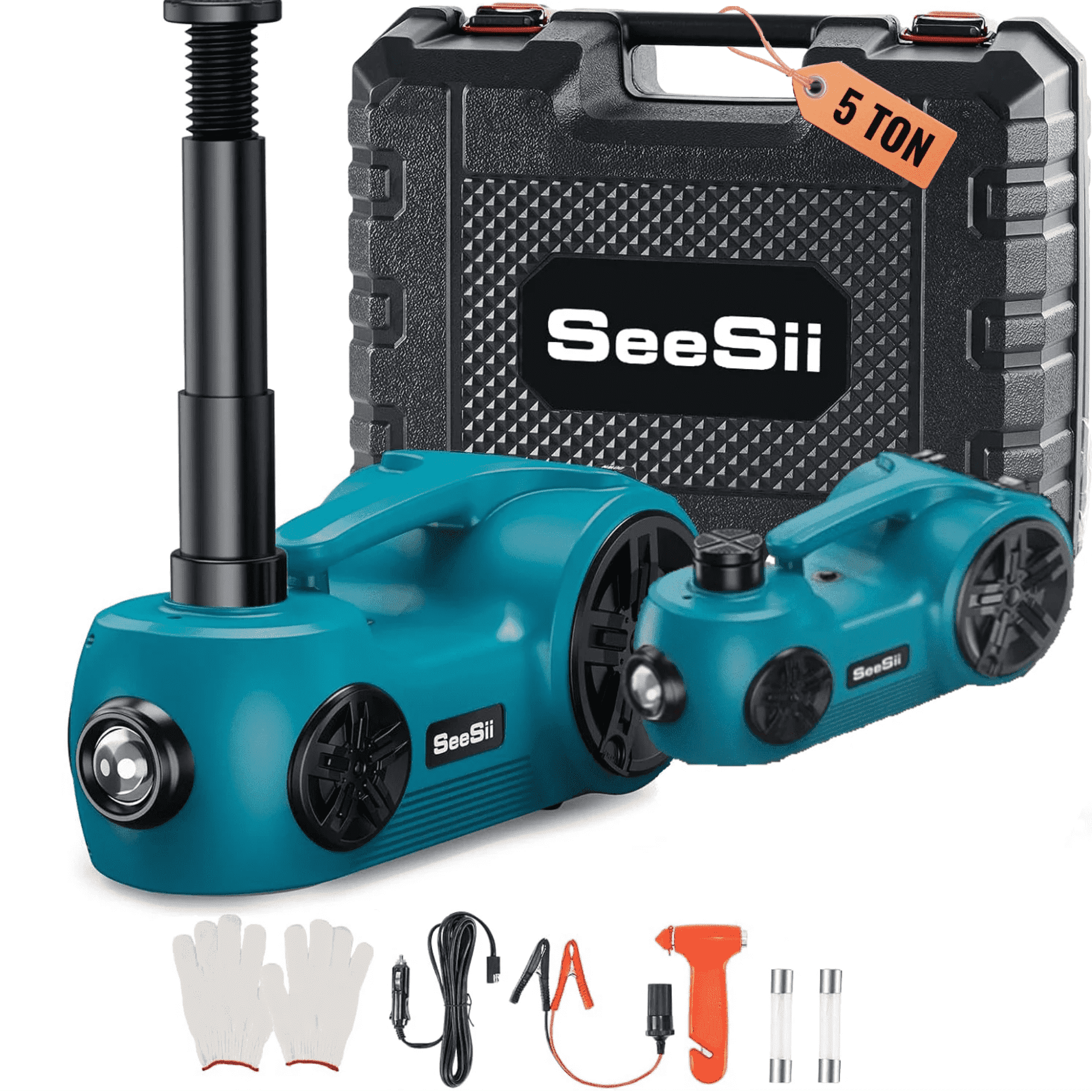 Seesii Electric Hydraulic Car Jack Kit, 5 Ton 12V Electric Car Floor Jack Lift (Max Height 17.7'') Portable with Built-in Tire Inflator Pump, LED Light for SUV MPV Sedan Truck Garage Tires Change