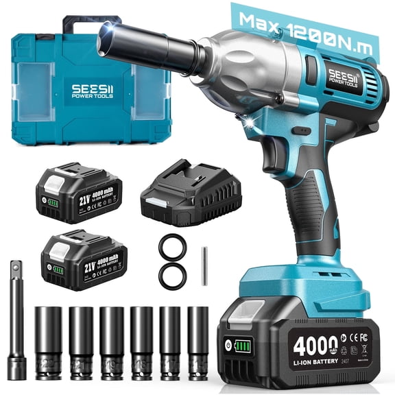 Seesii Electric Cordless Impact Wrench 1/2 885 FT-LBS(1200N.m) 3300IPM High Torque Brushelss Impact Gun 2x4.0Ah Battery 6 Sockets&Case