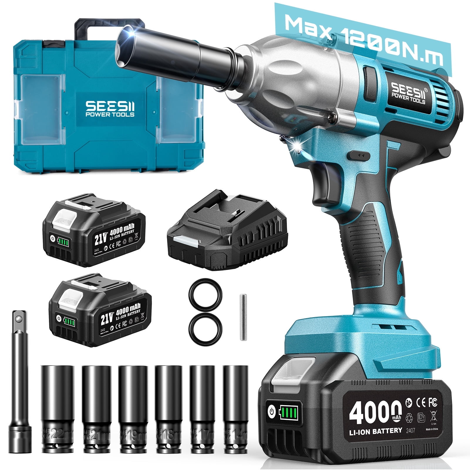 Seesii Electric Cordless Impact Wrench  1/2 885 FT-LBS(1200N.m) 3300IPM High Torque Brushelss Impact Gun 2x4.0Ah Battery 6 Sockets&Case