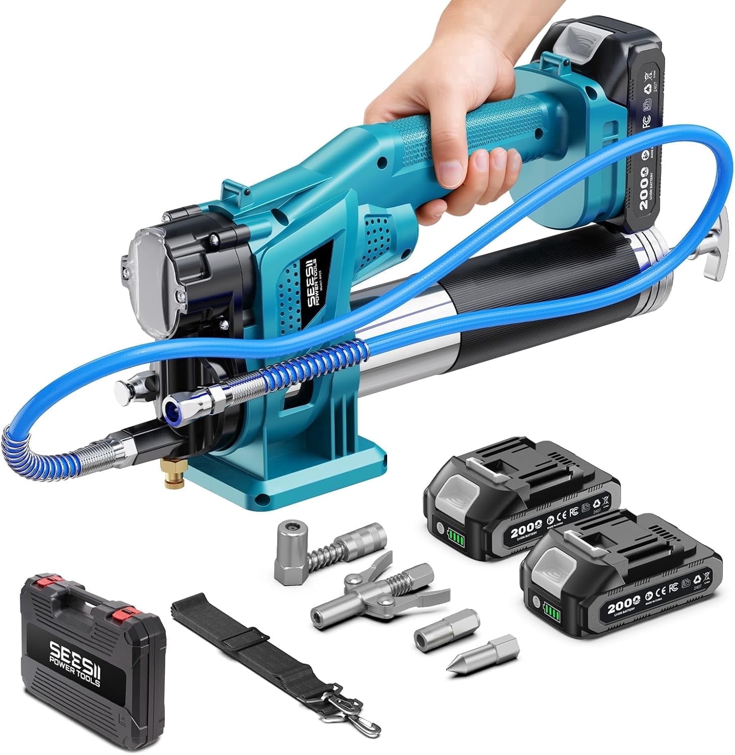Seesii Cordless Electric Grease Gun Kit 10000PSI 4.6 oz/min Battery Powered Grease Gun with 2 Batteries, 39.4" Flexible Hose, 90 Degree Coupler, 3 Tips for Greasing