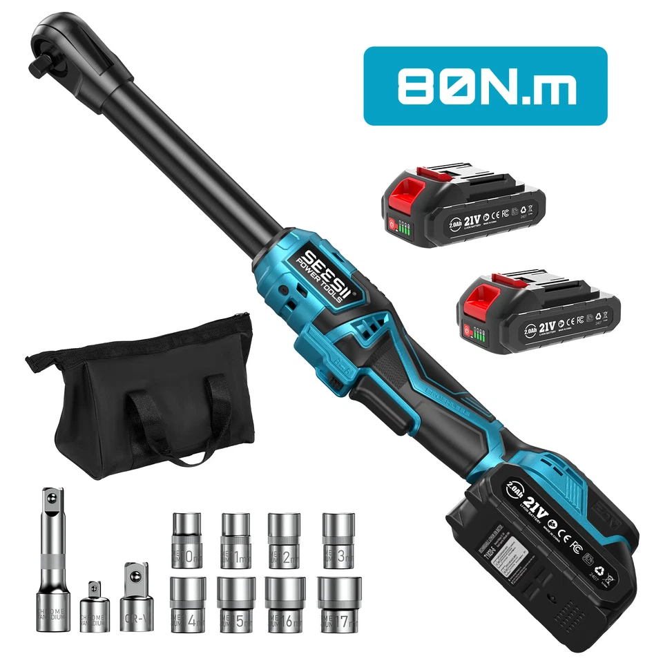 Seesii Extended Cordless Electric Ratchet Wrench: 59Ft-lbs Power Ratchet Wrench 3/8", Brushless  0-400RPM Variable Speed Trigger, 2 Pack 21V Batteries & Charger, 8 Sockets, 1/4"& 1/2" Adapter