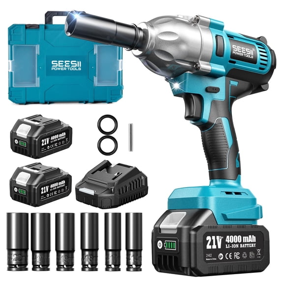 Seesii Impact Wrench 665 FT-LBS(900N.m) 3300IPM 1/2 Impact Gun High Torque Electric Impact Driver Cordless Impact Wrench with 21V 2x4.0Ah Battery 6 Sockets&Case for Home Car Tire Lug Nut Removal Tool