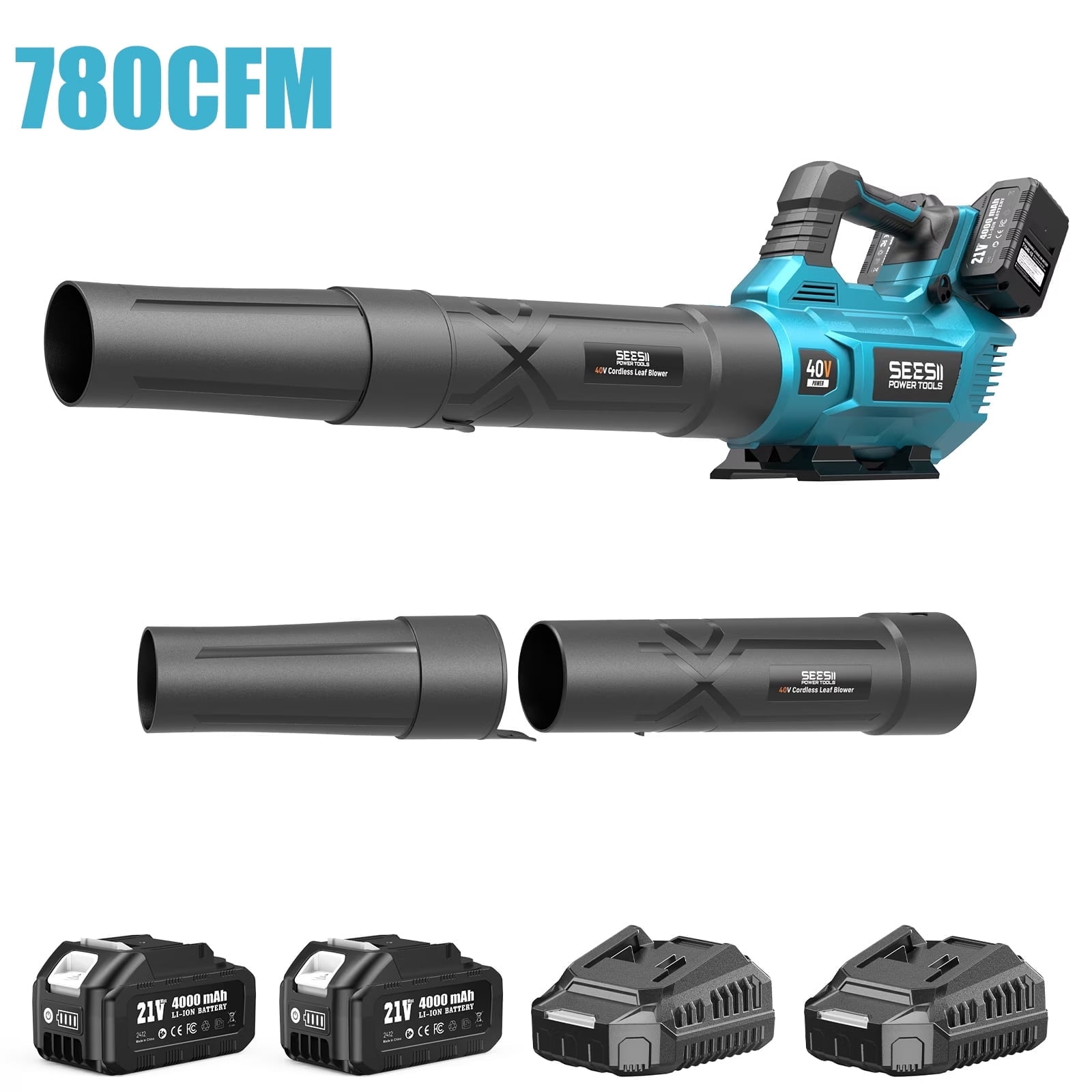 Seesii Leaf Blower Cordless, 780CFM Electric Leaf Blowers with 2 x 4.0Ah Batteries and 2xCharger, 3 Speed Modes,40V Powerful Blowers