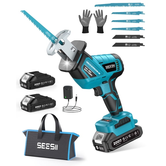Seesii Reciprocating Saw Cordless, 3500 RPM Brushless Motor with 2 x 2.0Ah Batteries, LED Light, 8 Saw Blades Portable for Wood PVC Cutting
