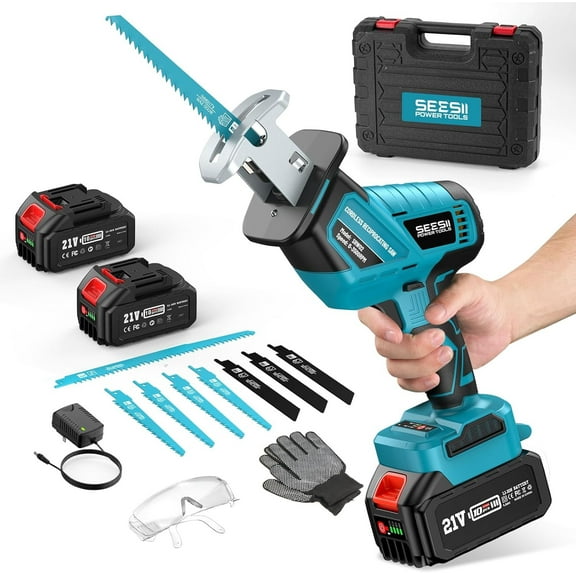 Seesii Reciprocating Saw Cordless, 3500 RPM Brushless Motor with 2 x 4.0Ah Batteries, LED Light, 8 Saw Blades Portable for Wood PVC Cutting