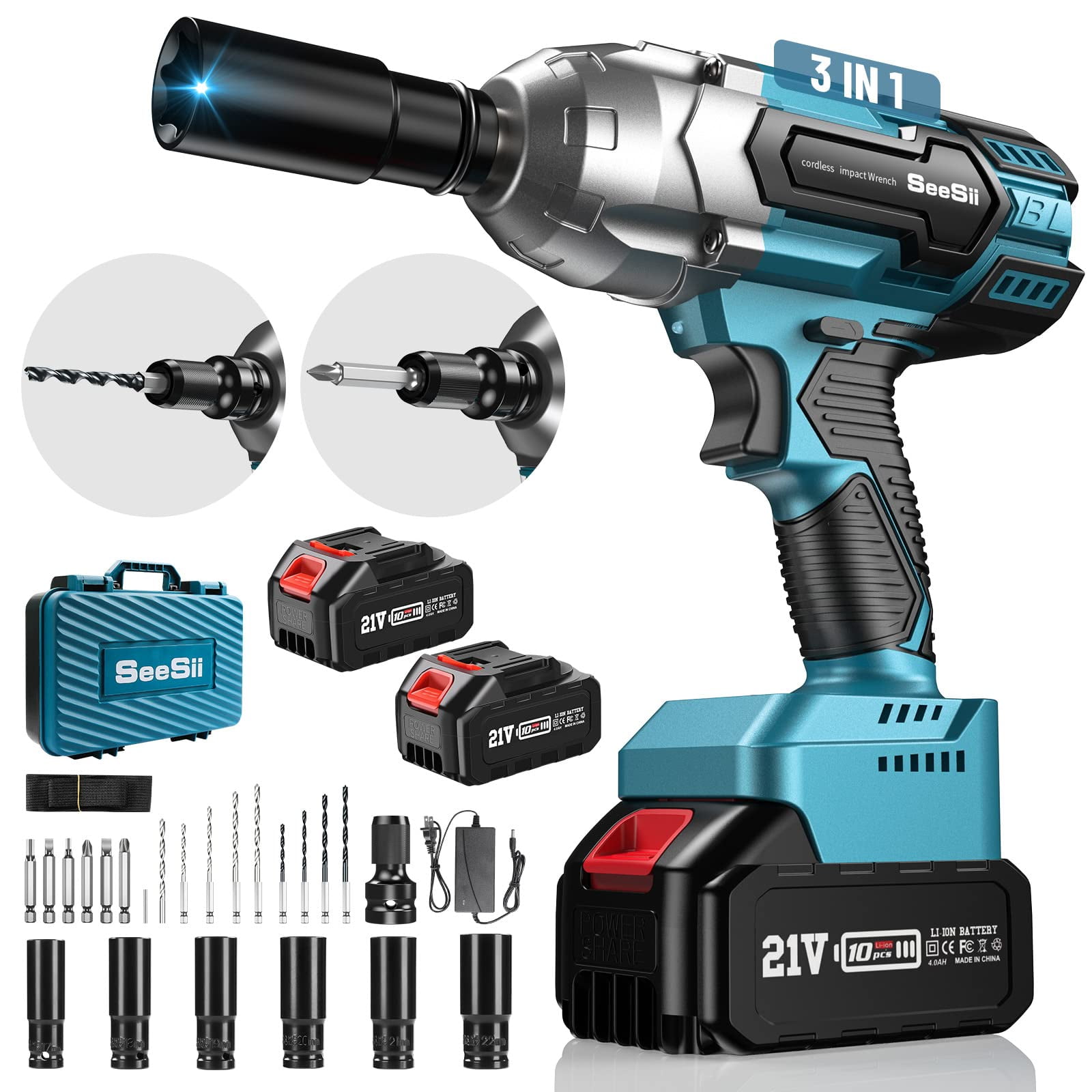 Free Shipping Seesii Upgraded Brushless Impact Wrench 650Nm Impact Gun 1 2 w 2x 4.0Ah Batteries 6 Sockets 8 Drills 6 Screws Walmart