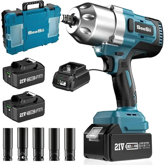 Seesii WH800 Cordless Impact Wrench 1300NM Brushless Impact Gun High Torque 1/2960Ft-lbs 2X 5.0Ah Battery for Makita