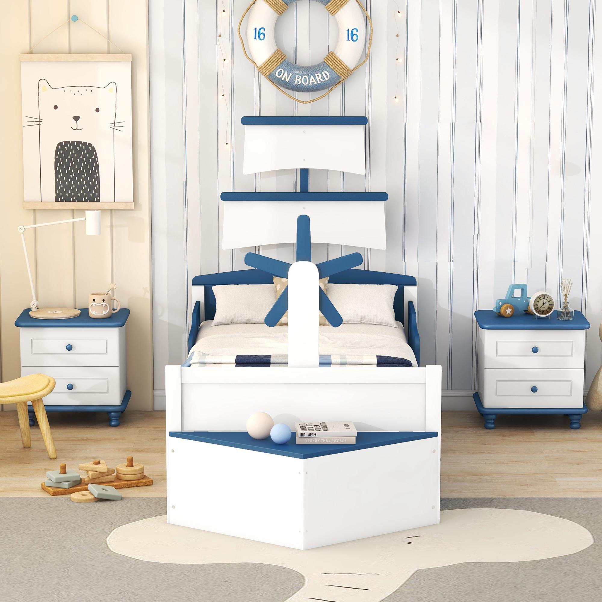 Seetaras 3Pieces Kids Platform Bed with Trundle 2 Nightstands Wood