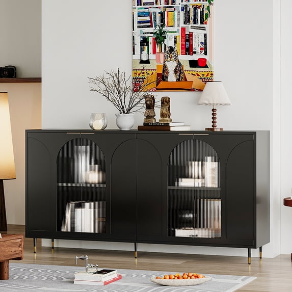 Seetaras 33.7''Black Lacquered Wooden Cabinet with 4 Glass Doors Sideboard Buffet Server Cabinet Storage Cabinet, for Living Room, Entryway, Hallway, Office, Kitchen and Dining Room