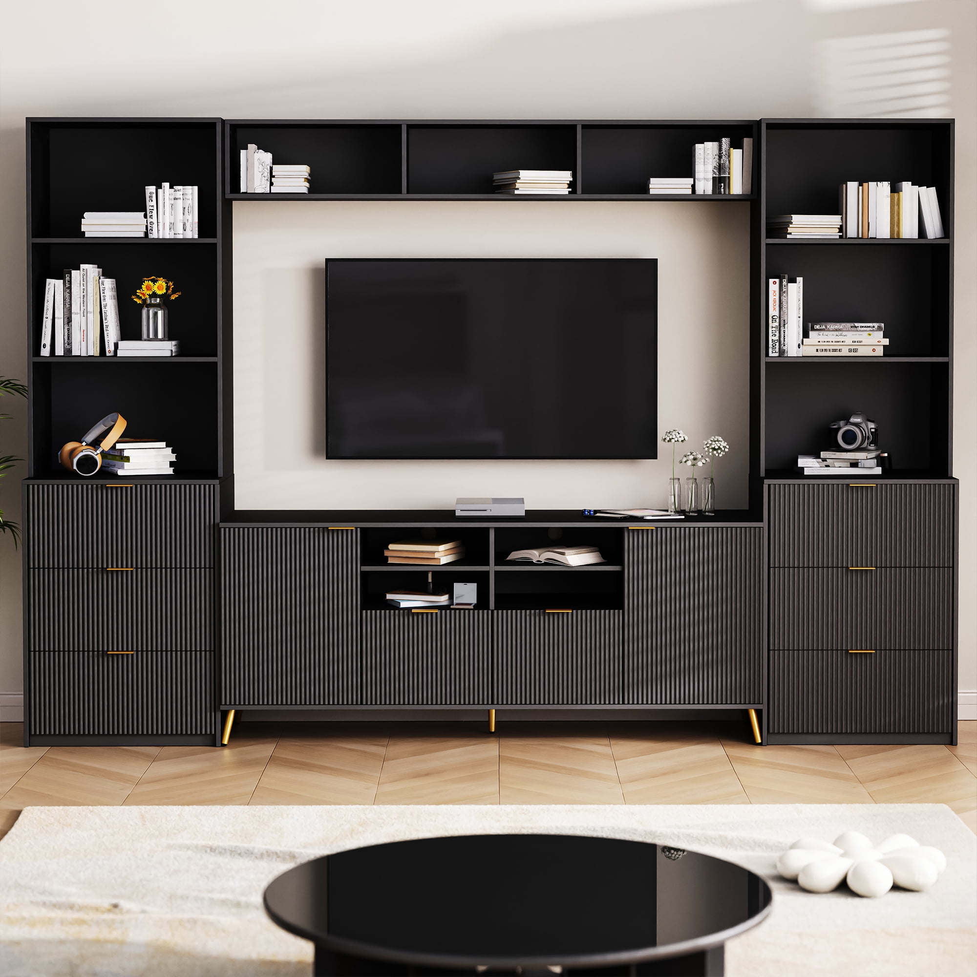 Seetaras 4-Piece Entertainment Wall Unit with 13 shelves,8 Drawers and