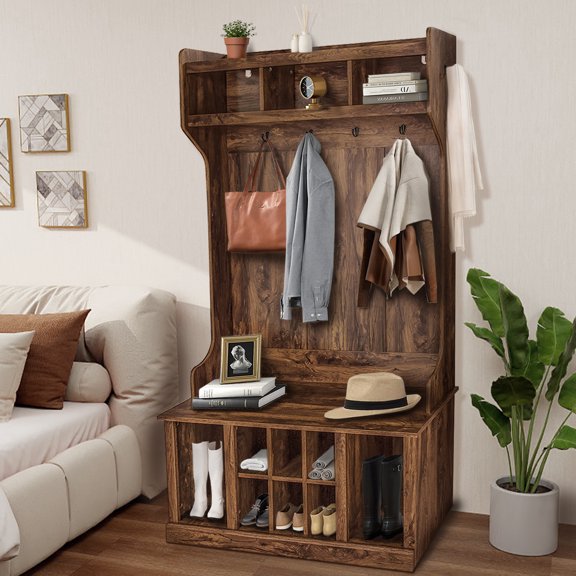 Seetaras 5-in-1 Entryway Hall Tree with Storage Cabinet and Top Shelf, Clothes Rack Coat Rack Shoe Bench with 8 Shoe Storage Cube and 6 Hanging Hooks, White