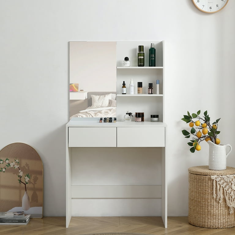 Seetaras 55.1 H Vanity Table Set with Mirror 2 Storage Shelves and 2 Drawers Small Size Space Saving Minimalist Makeup Dressing Table Desk for Bedroom