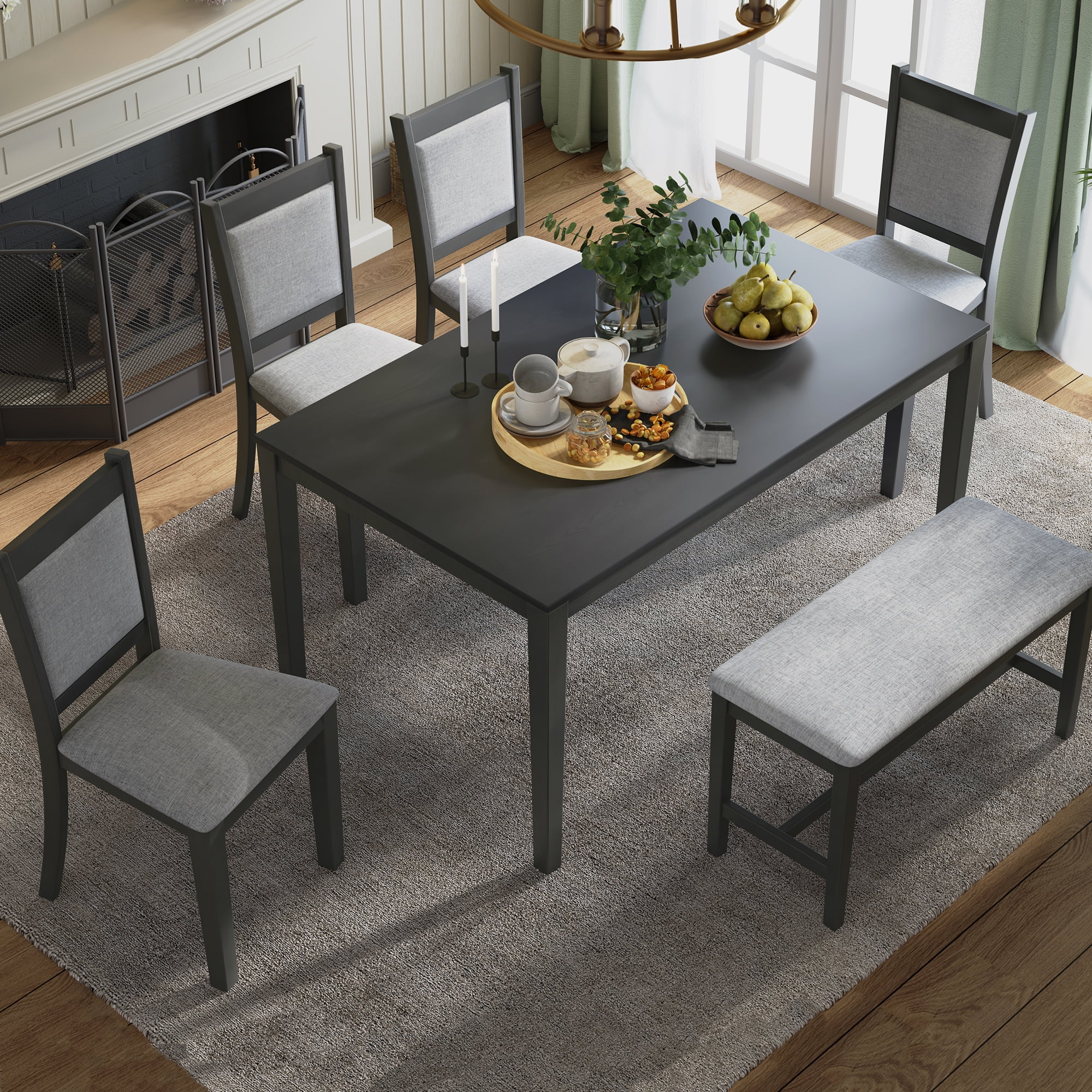 Seetaras 60 x 36 Inch Rustic Solid Wood Dining Table Set 6-Piece ...