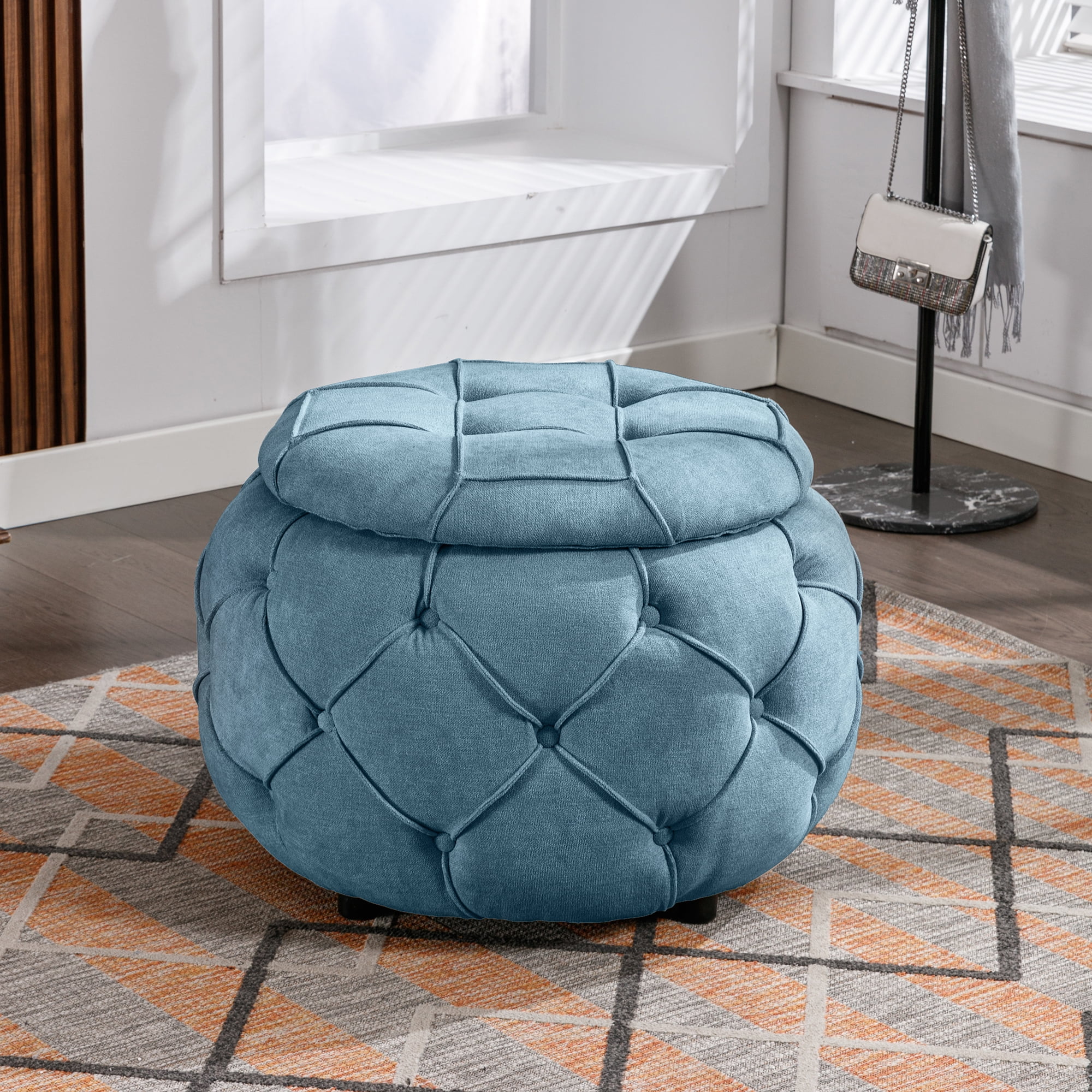Seetaras Button Tufted Woven Round Storage Ottoman Footstool with