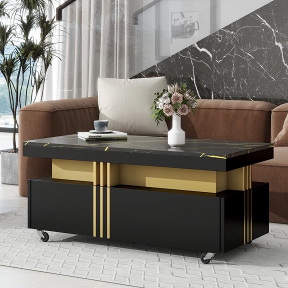 Seetaras Coffee Table with Faux Marble Top Caster Wheels Cocktail Center Coffee Table Storage Drawers Modern Floor Table with Gold Metal Bars for Living Room Bedroom