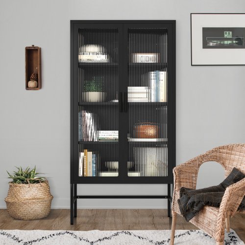 Seetaras Double Glass Door Storage Cabinet With 3 Adjustable Shelves And Feet Cold-Rolled Steel Sideboard Tempered Glass Furniture For Living Room Kitchen