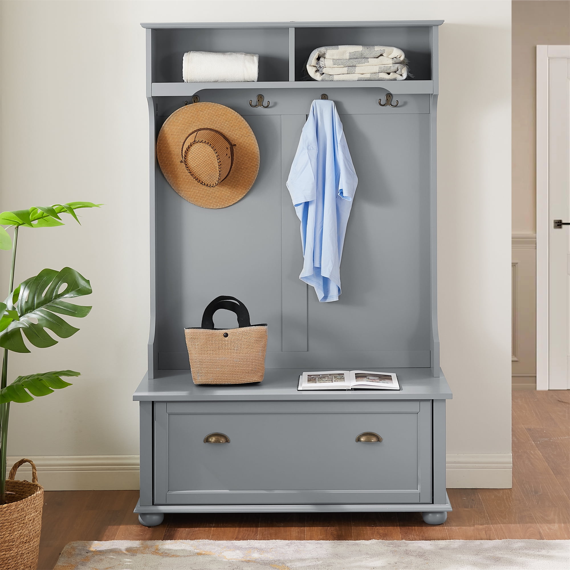 White Hall Tree Organizer with Sliding Doors Mudroom Coat Rack Entryway Shoe Cabinet Storage Bench Walmart