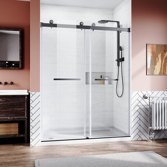 Seetaras Frameless Shower Sliding Door,56"-60" Width,76" Height,3/8" Tempered Glass Bathroom Screen,Bypass Shower Enclosure, HeavyDuty Stainless Steel Hardwares,Matte Black