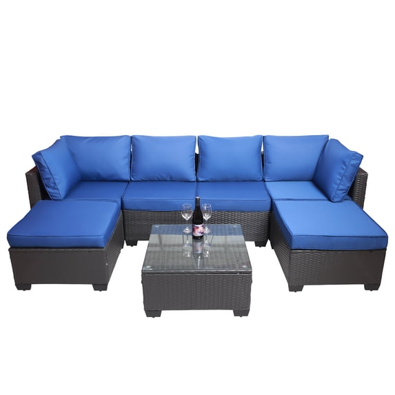 Seetaras Outdoor Sectional Sofa Couch,7-Piece Rattan Wicker Cushioned Sofa Set Patio Furniture Set with Coffee Table, Waterproof Cushion,High Elasticity Sponge, Metal Frame