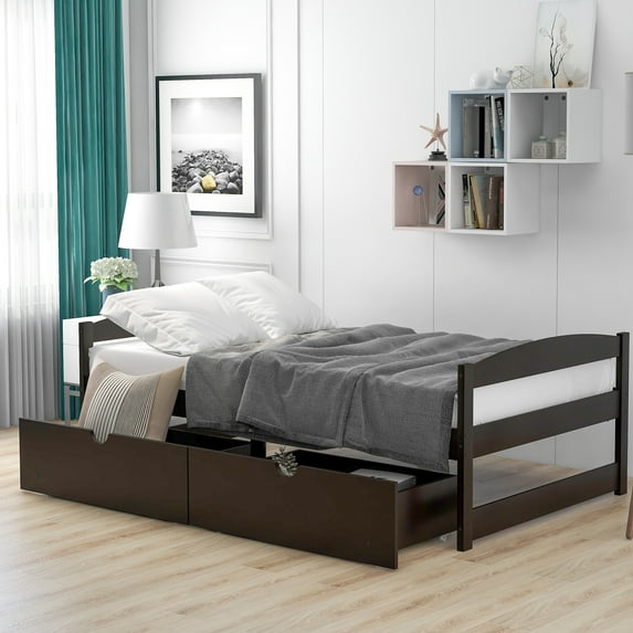 Seetaras Pine Wood Platform Bed Frame with 2 Drawers Twin Size Bed with Wood Slat Support Headboard Footboard Multifunctional Platform Bed No Box Spring Needed