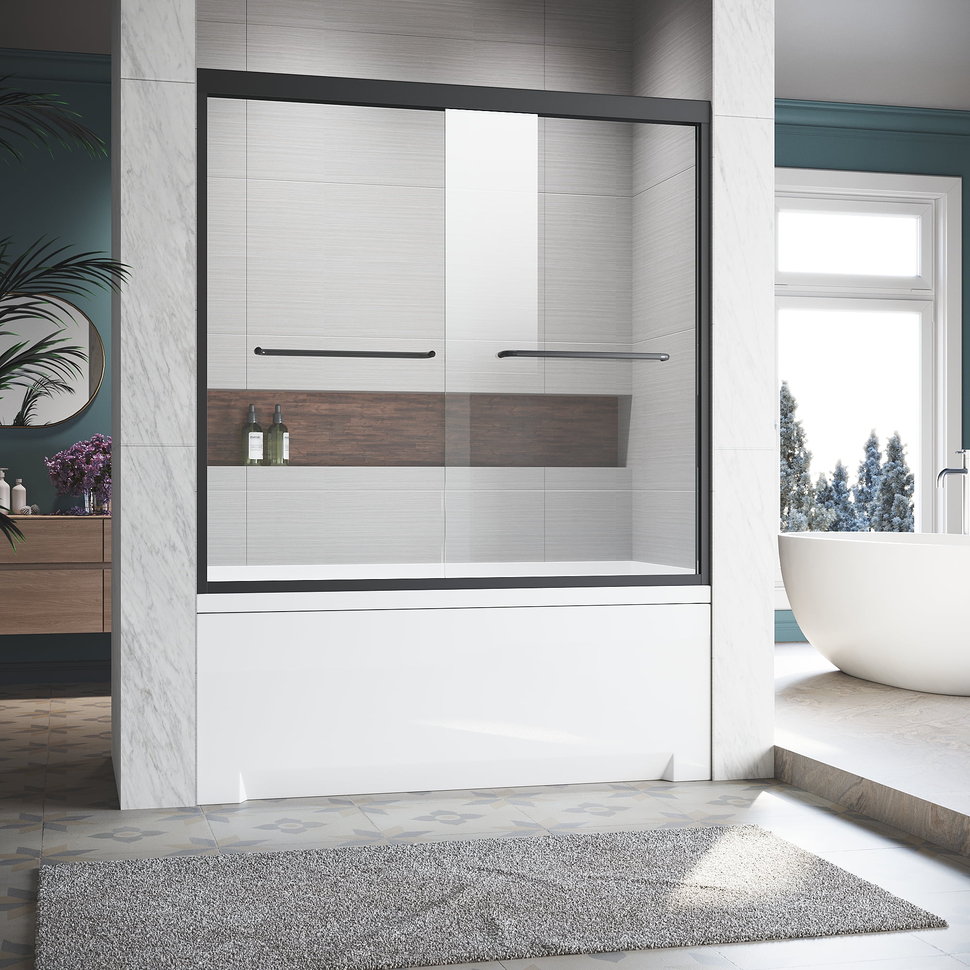 Matte Black Double Sliding Frameless Tub Door with Clear Tempered Glass