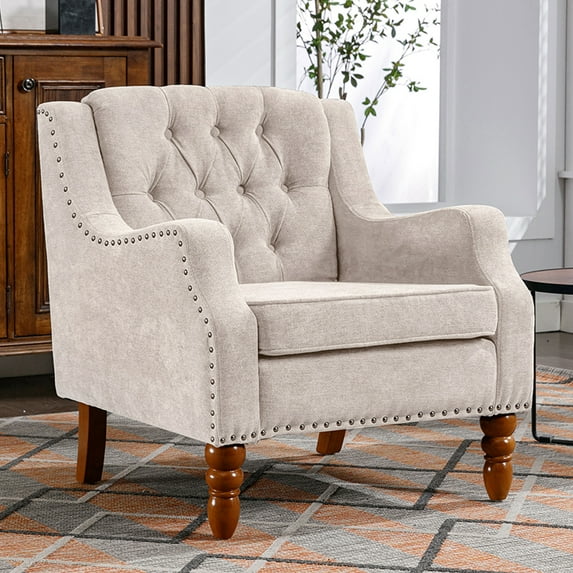 Seetaras Sofa Chair Button Tufted Upholstered Armchair with Vintage Brass Studs, Cushion,Solid Wood Frame and Legs for Living Room, Bedroom, Reception Room