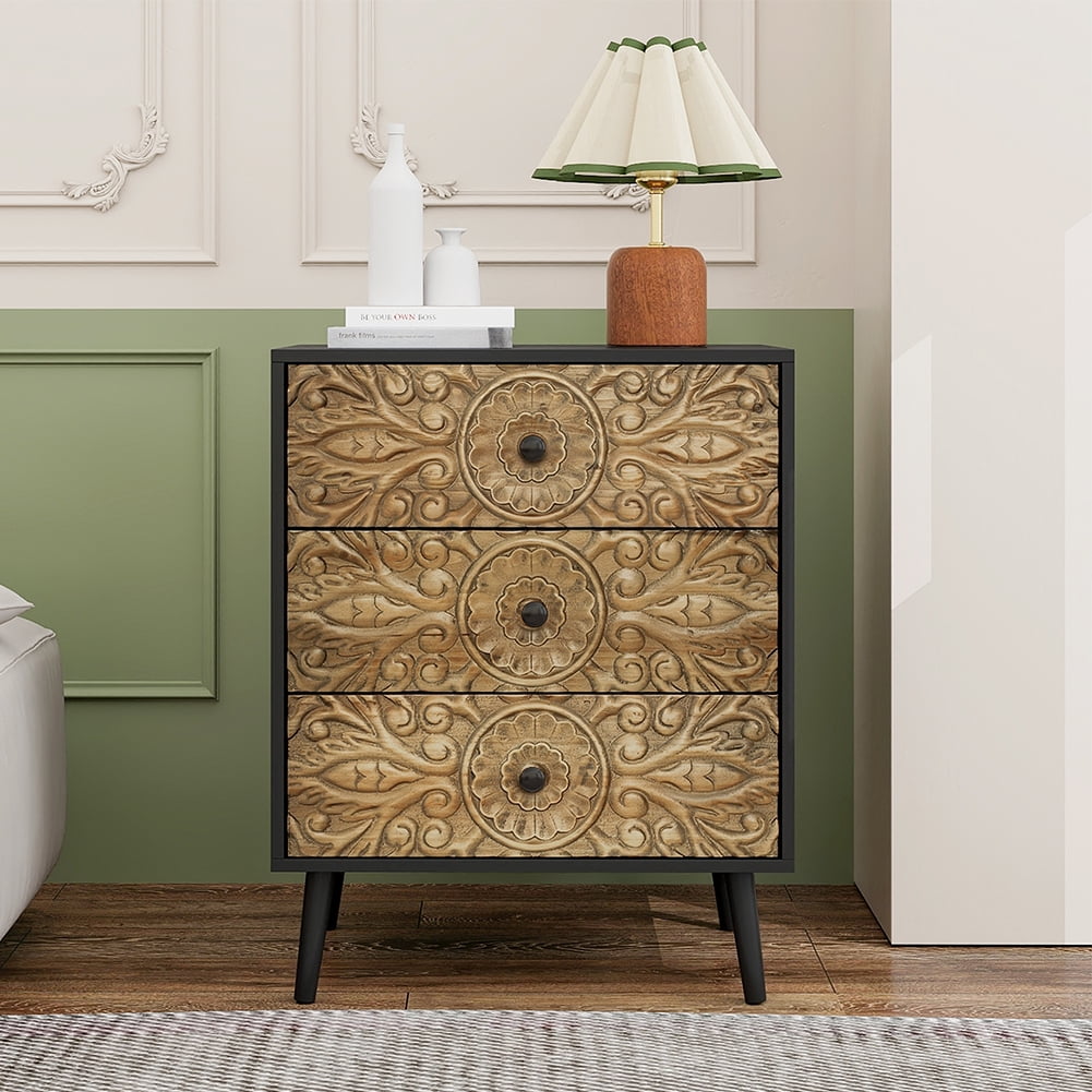 Seetaras Solid Wood Hand-carved Relief 3 Drawer Cabinet Nightstand with ...
