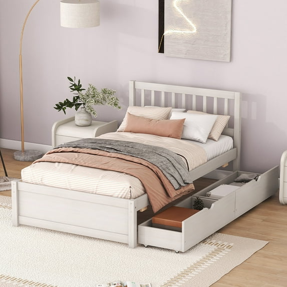 Seetaras Twin Size Bed Frame with 2 Storage Drawers,Wood Simple Hollow Headboard Platform Bed Storage Bed, No Box Spring Needed, Wood Slats Support