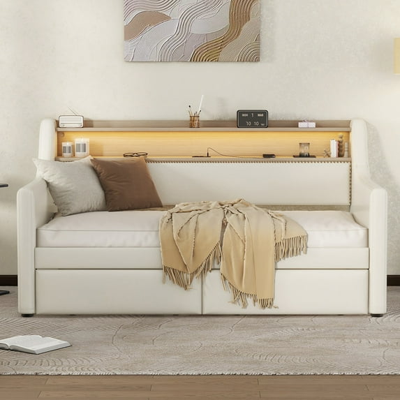 Seetaras Twin Size Daybed With 2 Storage Drawers And Storage Headboard, PU Leather Upholstered Daybed Bed Frame With Charging Station And RGB LED Lights For Bedroom, No Spring Box Needed