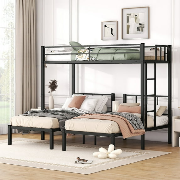 Seetaras Twin XL Over Twin&Twin Size Bunk Bed for 3,Metal Triple Bunk Bed with Guardrails, L Shape 3 Bed Bunk Beds with Ladder, Easy Assembly, No Need Box Spring