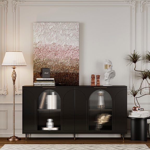 Seetaras Wooden Cabinet with 4 Glass Doors Sideboard Buffet Server Cabinet Storage Cabinet, for Living Room, Entryway, Hallway, Office, Kitchen and Dining Room