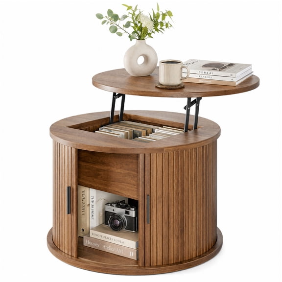 Seetech 23.6" Round Lift Top Coffee Table with Sliding Door and Hidden Storage, Fluted Drum Wooden Table for Living Room, Walnut