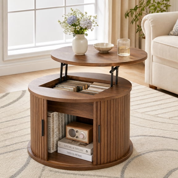 Seetech 23.6" Round Lift Top Coffee Table with Sliding Door and Hidden Storage, Fluted Drum Wooden Table for Living Room, Walnut