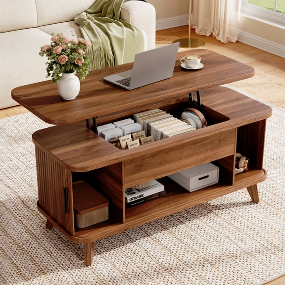 Seetech 39" Rectangular Lift Top Coffee Table with Sliding Door and Hidden Storage, Fluted Wooden Table for Living Room, Home Office, Walnut
