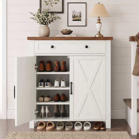 Seetech 4-Tier Shoe Storage Cabinet with Adjustable Shelves and Drawer, Farmhouse Shoe Organizer Rack for Entryway Hallway, White