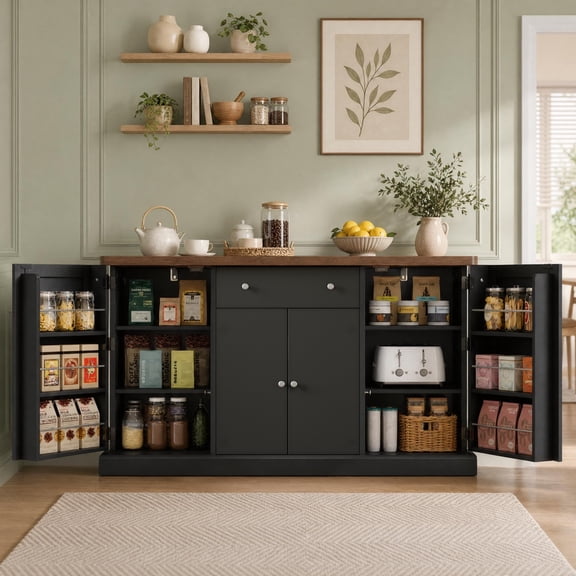 Seetech 55'' Sideboard Buffet with Charging Station and Adjustable Shelves, Kitchen Storage Cabinet with 4 Doors, Farmhouse Coffee Bar for Dining Room, Black