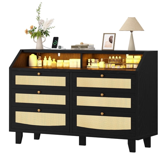 Seetech 6-Drawer Rattan Dresser with Charging Station, Modern Chest of Drawers with RGB Lights, Wooden Storage Organizer for Living Room Bedroom Entryway, Black