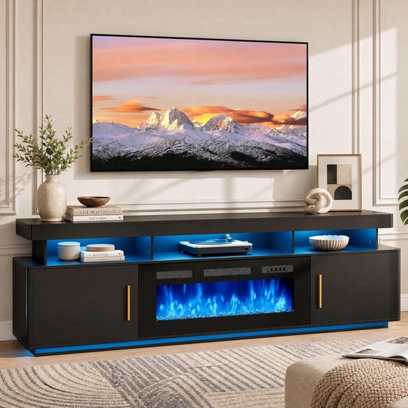 Seetech 70" Fireplace TV Stand with 36'' Fireplace for TVs Up to 80", Entertainment Center with LED Lights and Storage Cabinet, Black