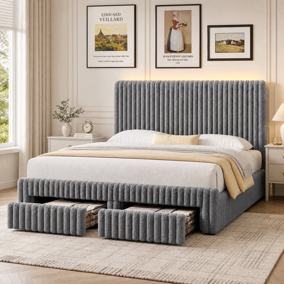 Seetech Full Size Bed Frame with LED Light and 2 Drawers, Faux-Fur Platform Bed with 44.5" High Headboard, No Box Spring Needed, Gray
