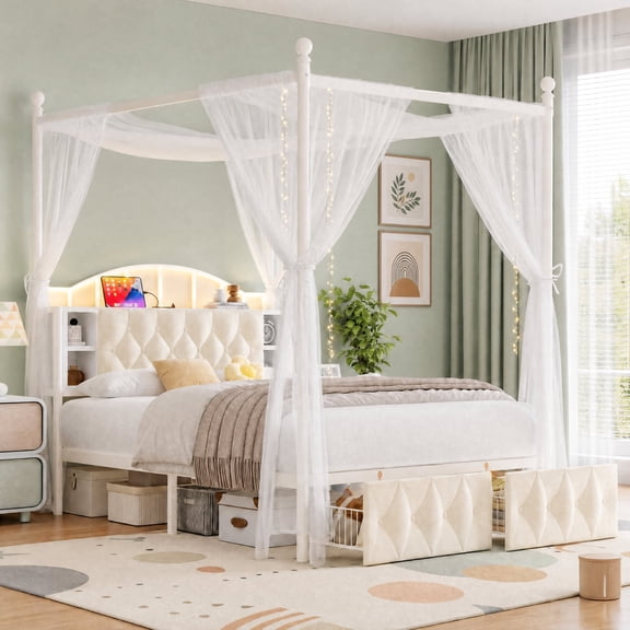 Seetech Full Size Canopy Bed Frame with 2 Drawers, Upholstered Storage Headboard with Charging Station and LED Light, White