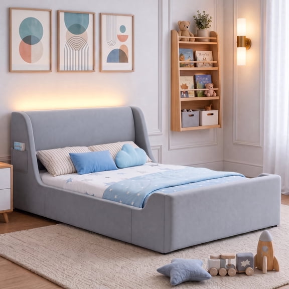 Seetech Full Size Platform Bed Frame with LED Lights, Velvet Upholstered Bed with Side Pocket, No Box Spring Needed, Gray
