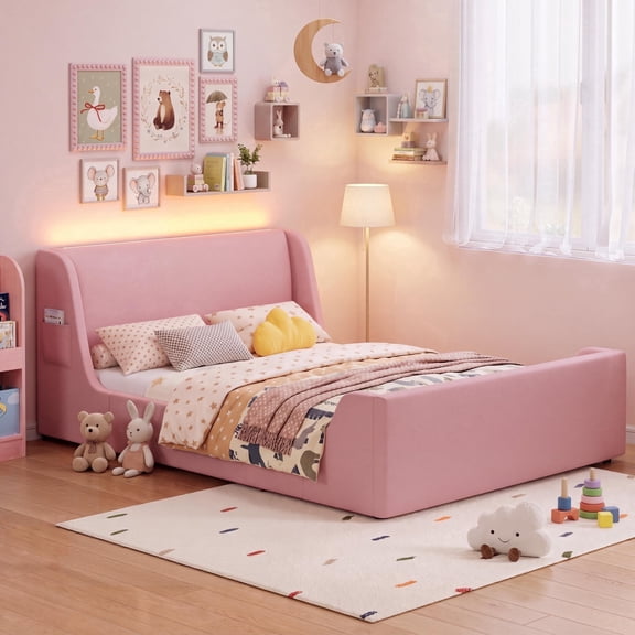 Seetech Full Size Platform Bed Frame with LED Lights, Velvet Upholstered Bed with Side Pocket, No Box Spring Needed, Pink